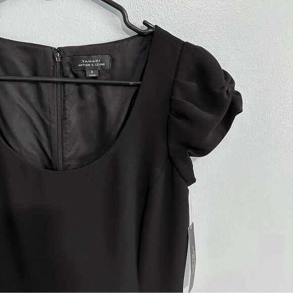 Tahari Size 2 Pleated Detail Puff Sleeves Black Juan Midi Dress NWT - Picture 6 of 11